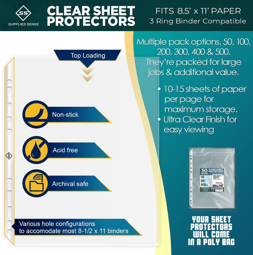 Sheet Protectors for 3 Ring Binder, 50 Pack 8.5 x 11 centimeters, Clear