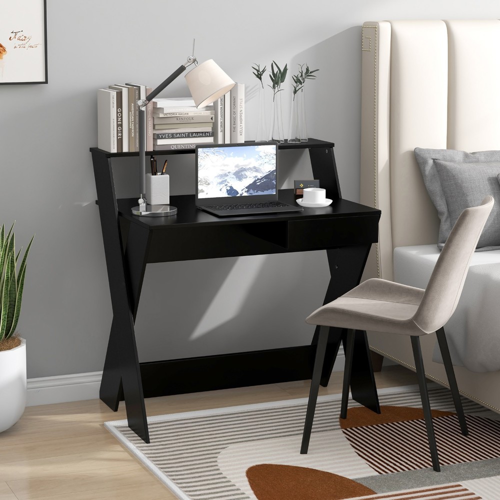 Computer Desk Study Writing Table Small Space w/ Drawer & Monitor Stand Black