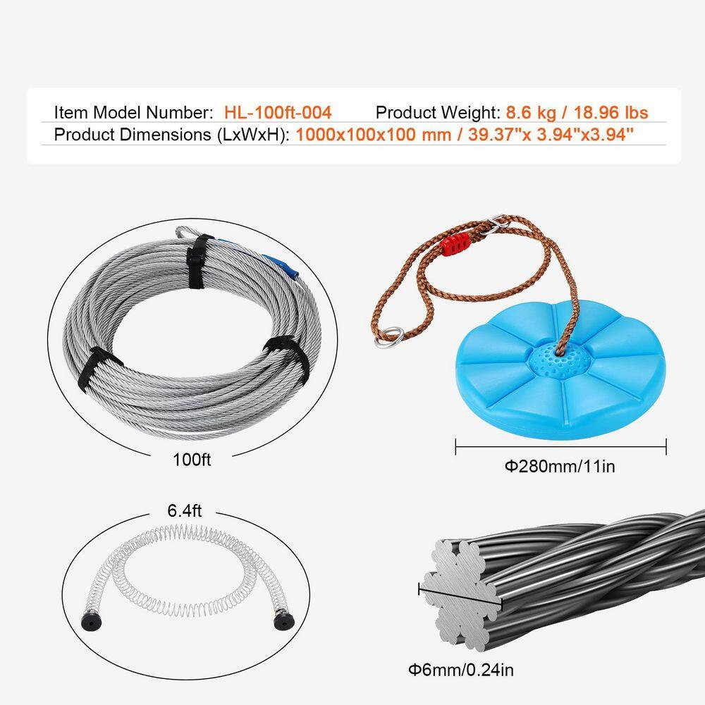 Zipline Kit for Kids and Adult, 100 Ft. Zip Line Kits up to 500 Lbs., Backyard O