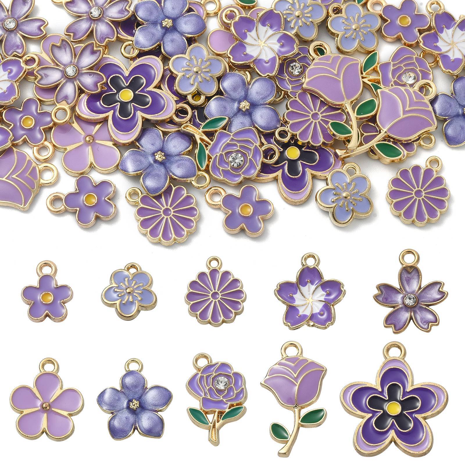 40x Flower Pendants Hang Dangle Charms Purple Alloy Enamel DIY Jewelry Necklaces