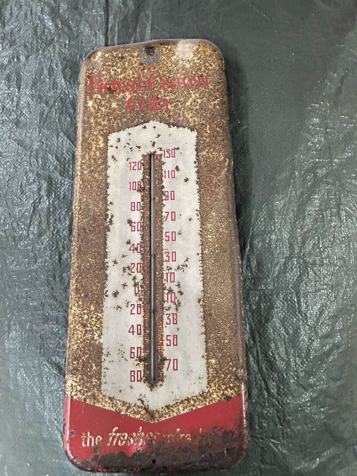 ROYAL CROWN COLA The Fresher Refresher 1945 26 inch Antique TIN THERMOMETER SIGN
