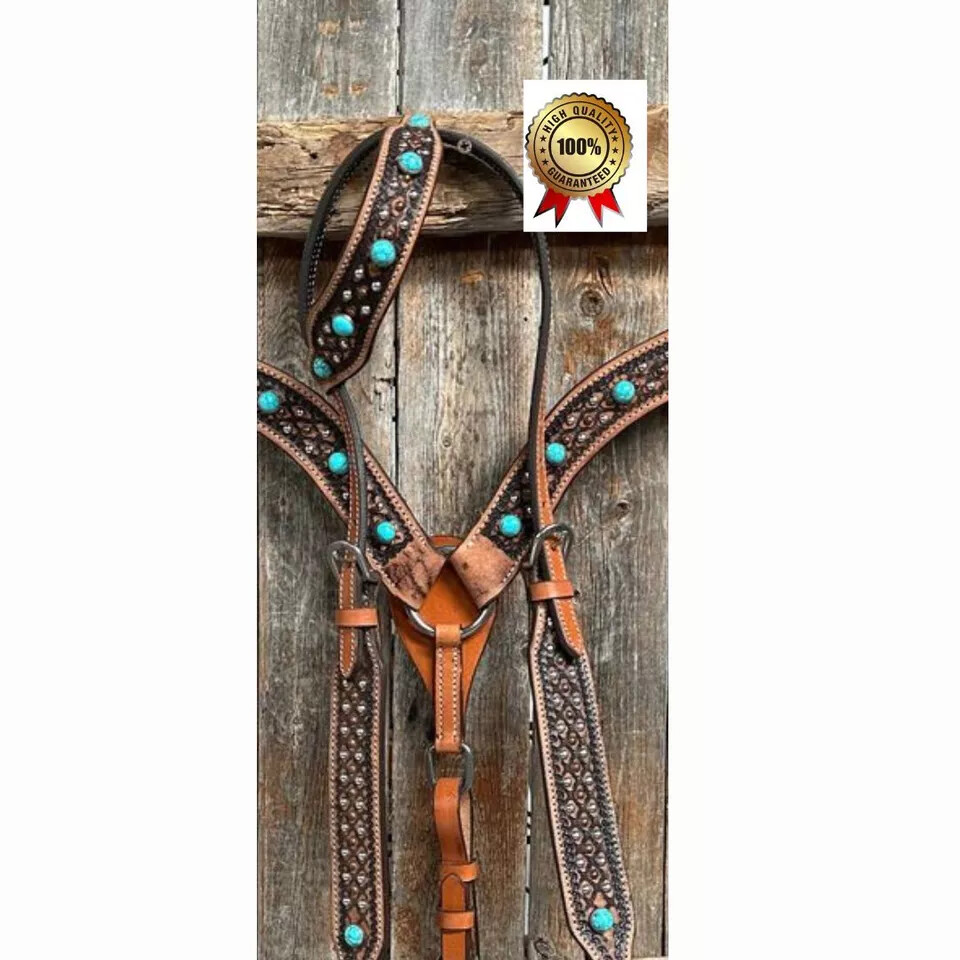 Western Leather Handtooled Turquoise Studs Headstall & Breast collar Tack Set