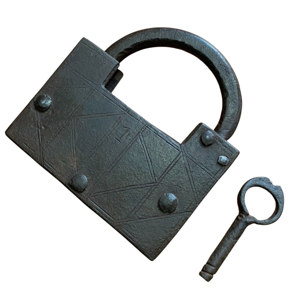 18th C Iron Trick padlock or lock with SCREW TYPE ORIGINAL KEY.