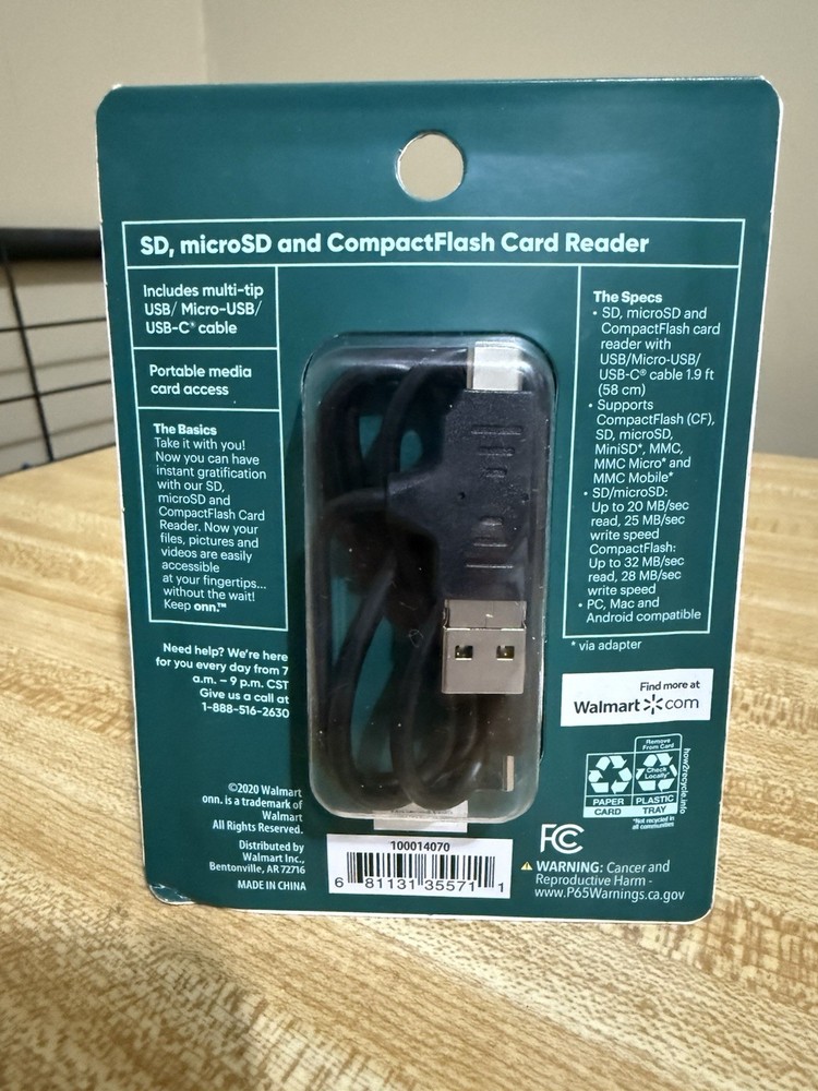 Onn SD microSD CompactFlash Card Reader Multi Tip USB Micro-USB USB-C Sealed