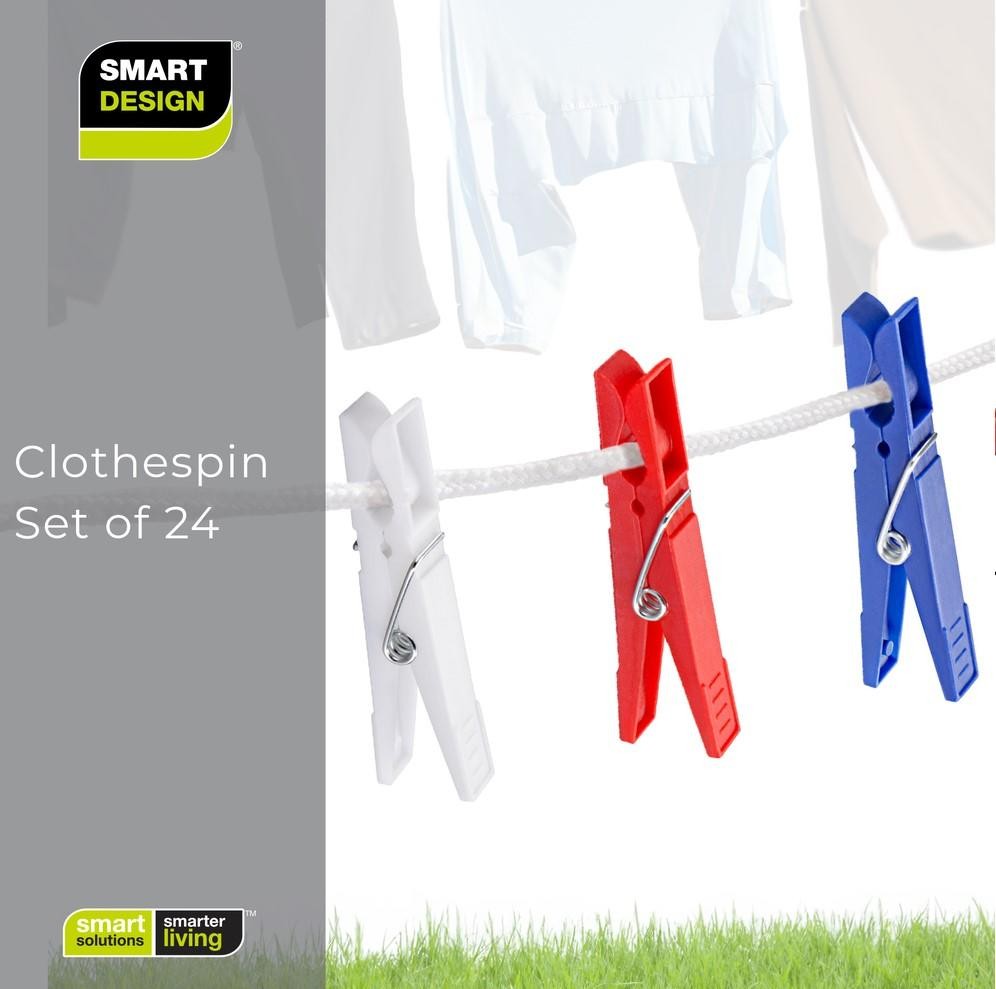 Smart Design 24 Pack Plastic Clothespins Laundry Spring Clips Red, White & Blue