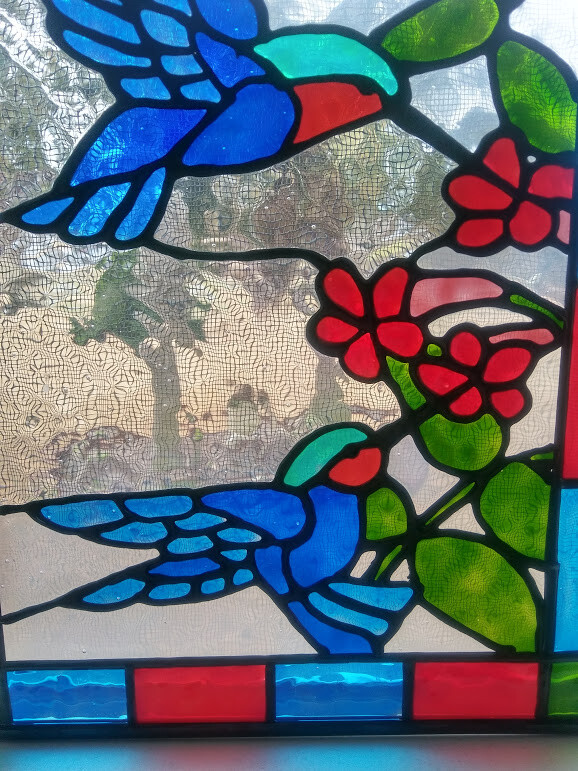 Hummingbird Stained Glass Window Panel Hand Painted