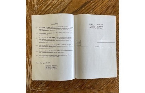 Coolers Plus Kool Tunes Cooler Documentation NOS 1990s Package Instructions