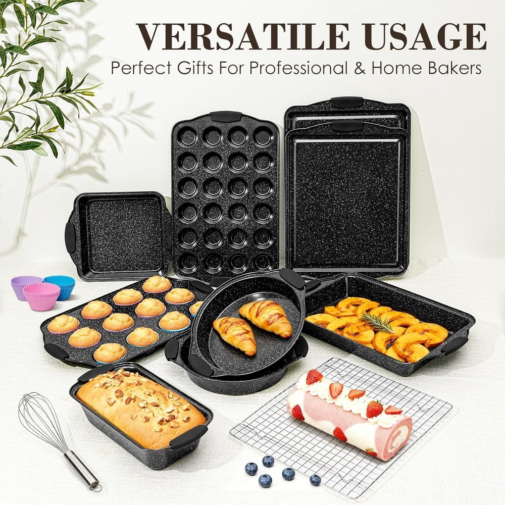 Baking Pans Set Nonstick Bakeware Sets Stackable W/ Silicone Handles 22 Pieces