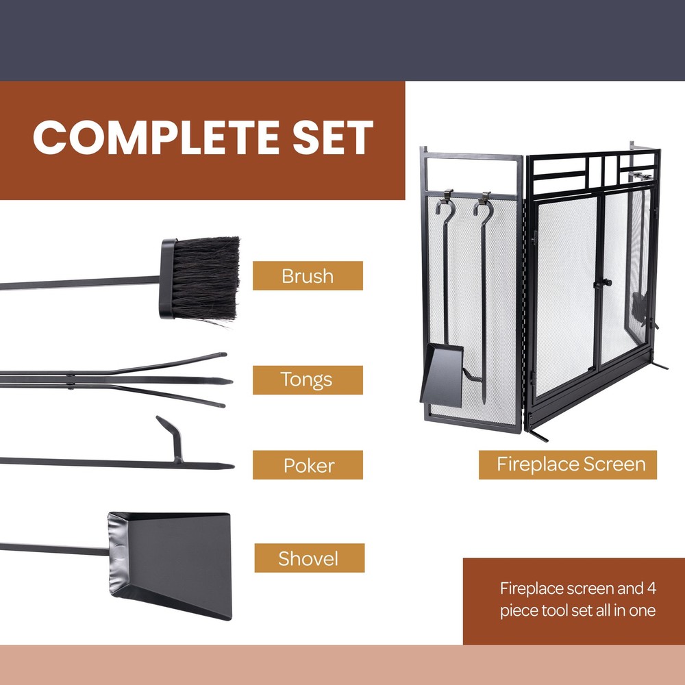 Fireplace Screen 3 Panel Fireplace Gate with Doors and 4PC Tools Set, Black