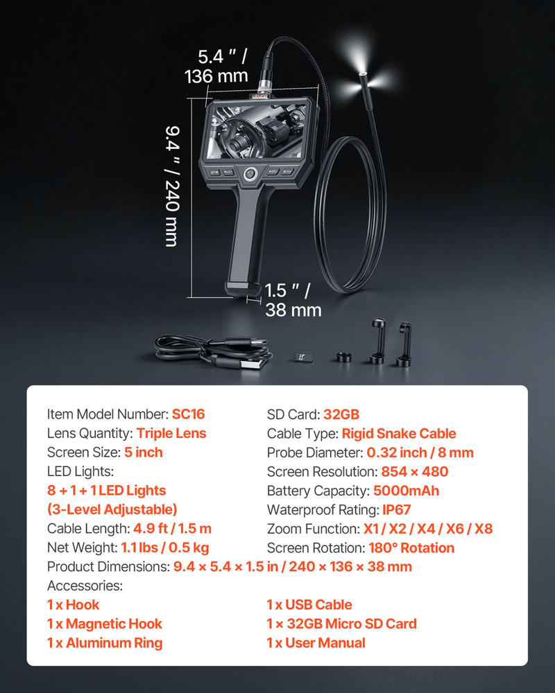 Triple Lens Endoscope 4.9FT Cable 5" Screen Borescope Camera IP67 w/ Light