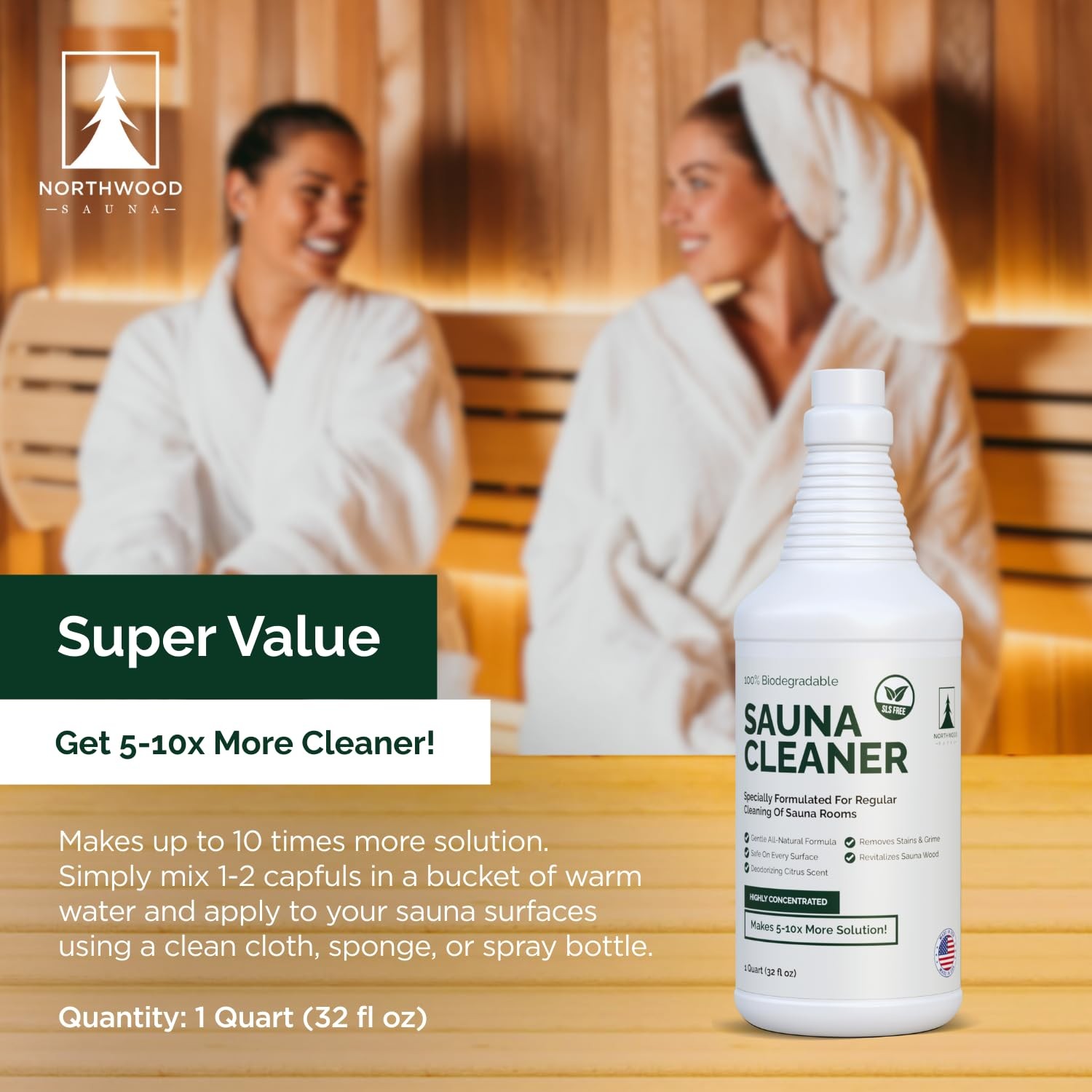 Northwood Sauna Cleaner - Natural Wood Cleaner & Deodorizer - Makes 10x Conc.