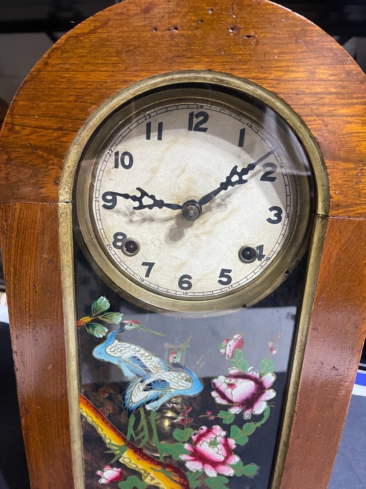 Antique Clock KEY WIND, PAINTED BIRD/FLORAL PAINTED WINDOW, WORKING CLOCK