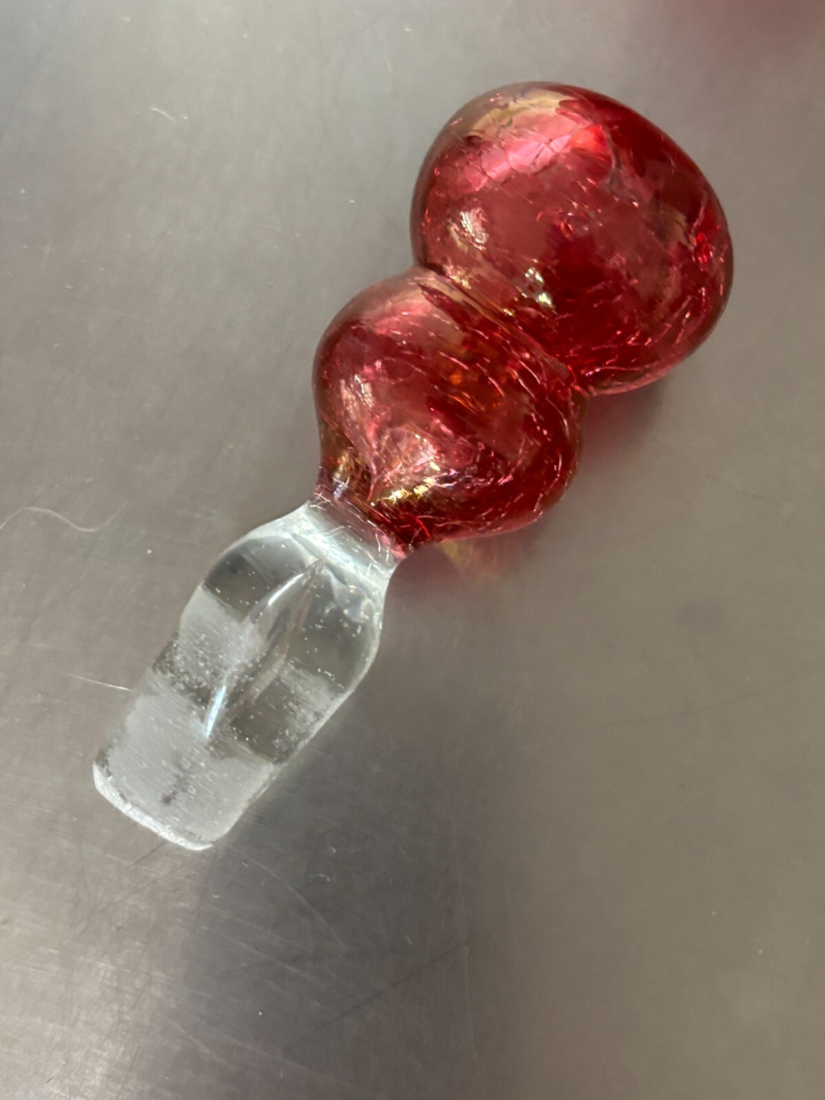 VTG Rainbow Ruffled Glass Crackle Decanter & Stopper Red Clear Rigaree Free Ship