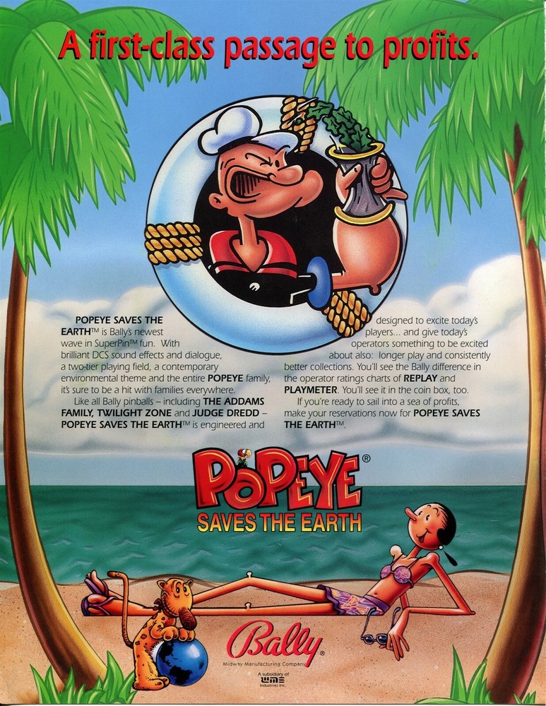 Popeye Pinball Flyer Mint / Brochure / Ad
