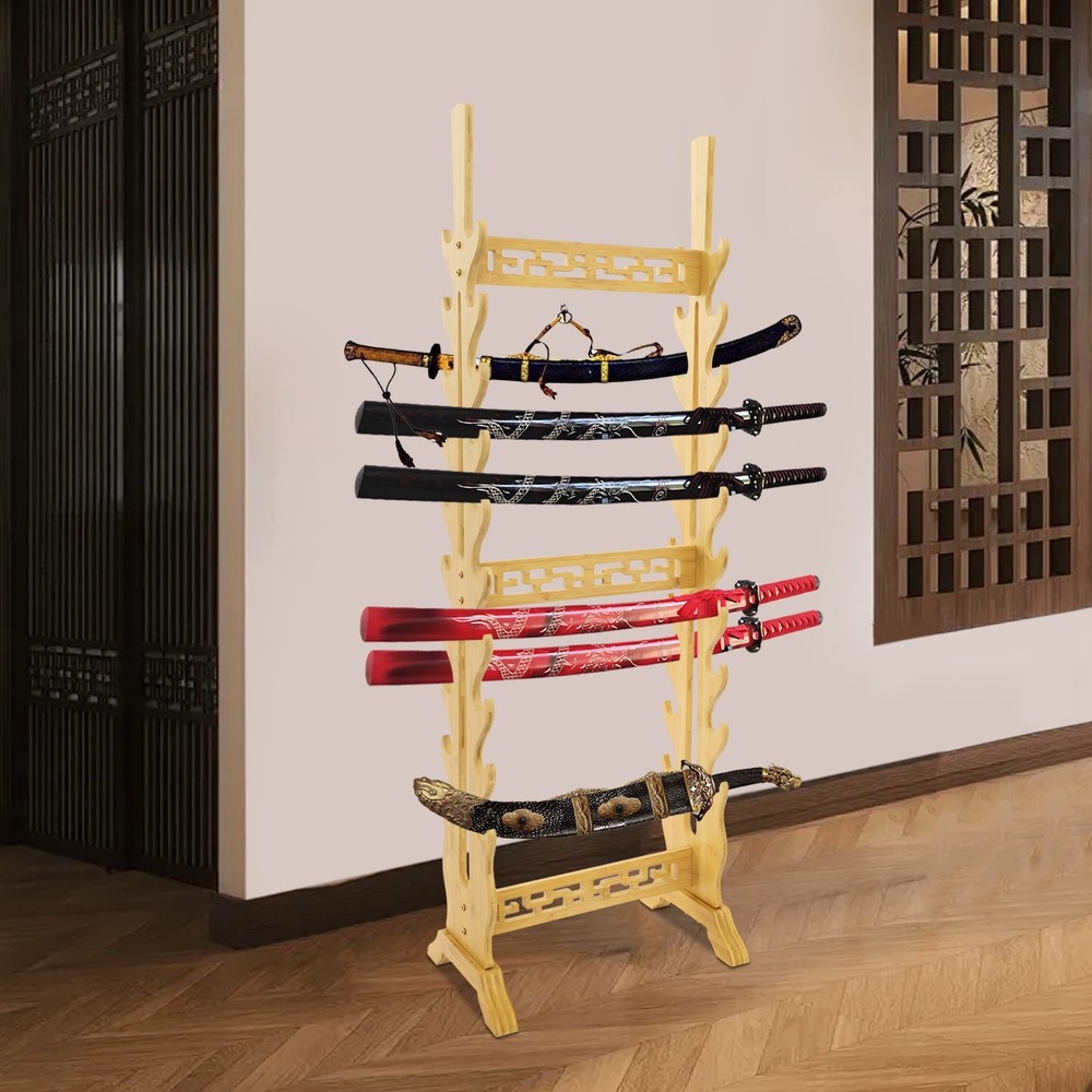 10-Tier Double-Sided Bamboo Sword Rack Display Stand for 20 Swords
