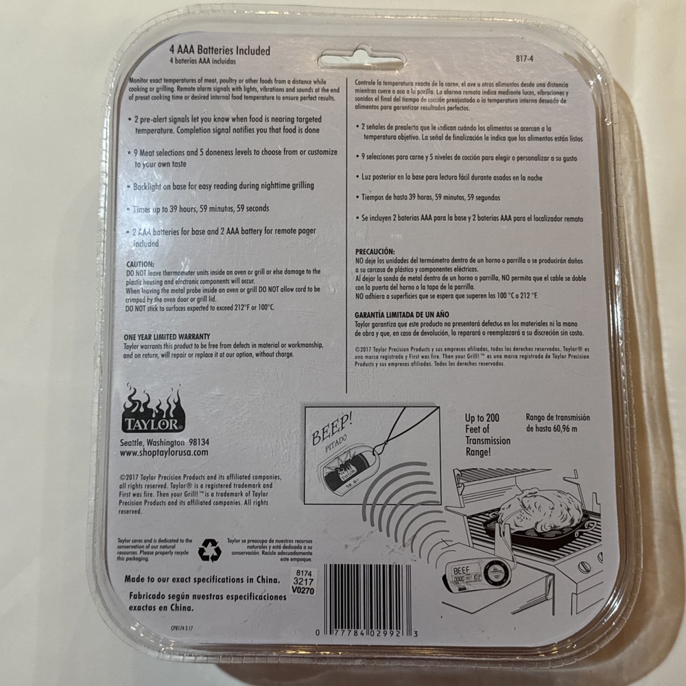 Taylor Weekend Warrior Wireless Grilling Thermometer with Remote Pager Timer New