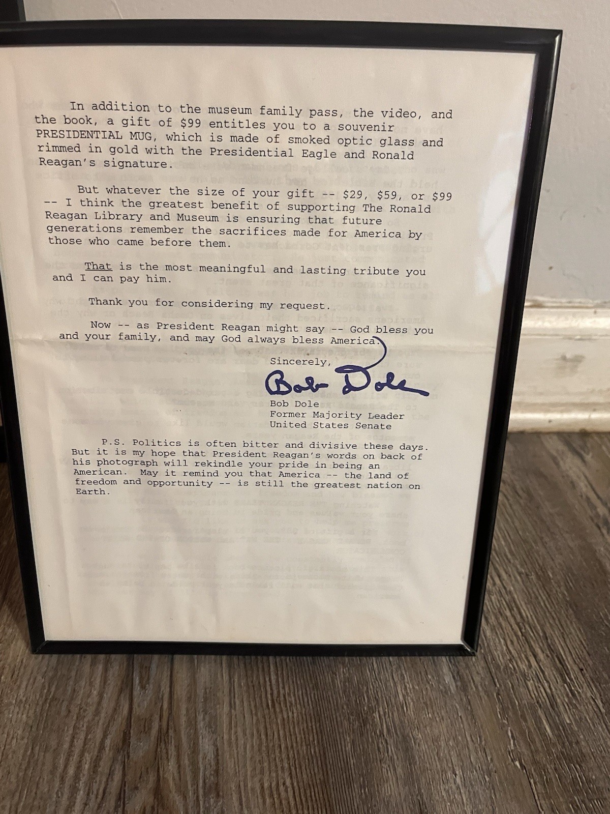 Framed Signed Letters From Nancy Regan And Bob Dole And Framed Photo Of Regan￼