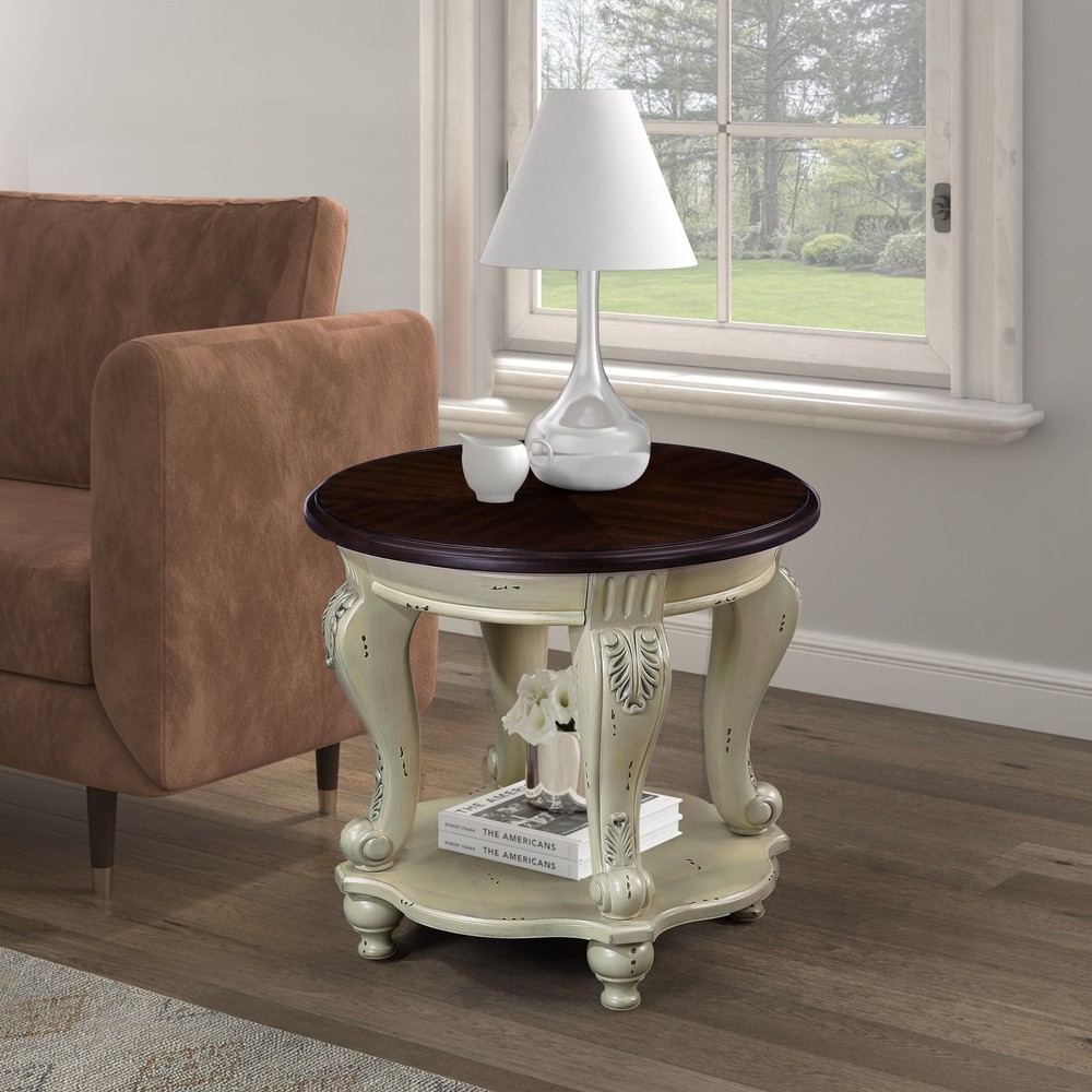 22'' Two Tone Round End Table,Solid Wood Sofa Side Table with Shelf,Living Roo