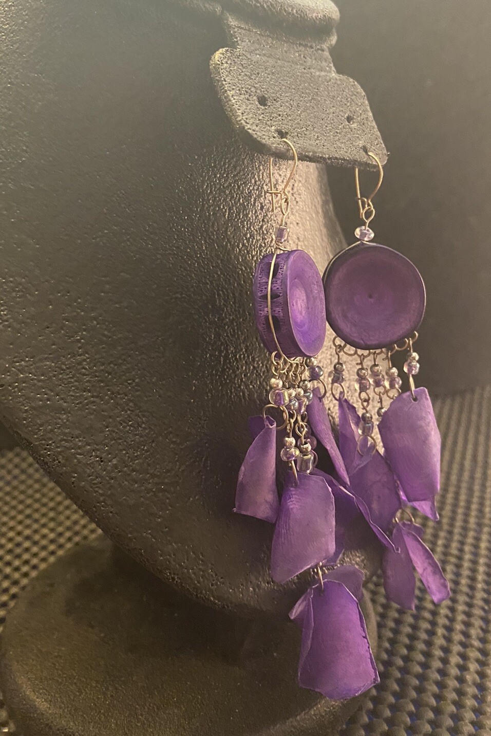 Artisan Purple Scales Leaf Shape On Round Sea Life Discs Dangle Beaded Earrings