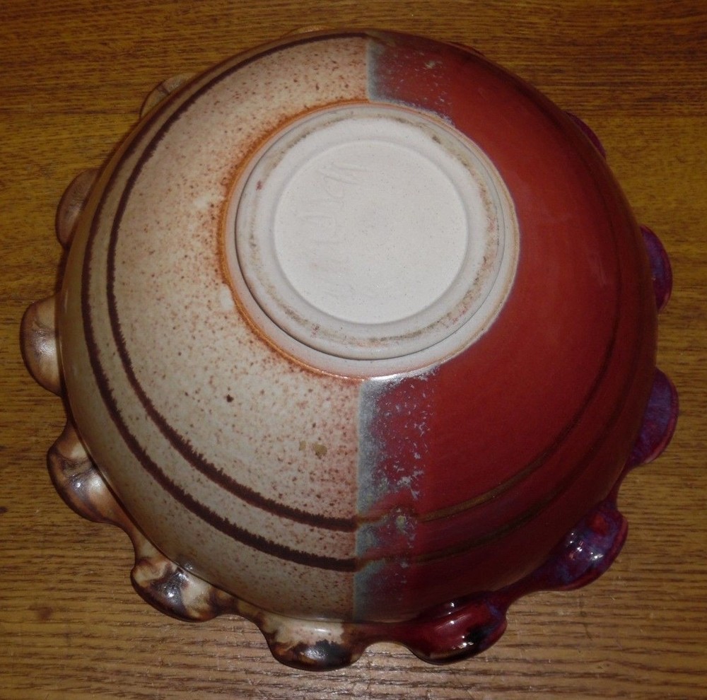 Studio Art Pottery Bowl w/ Fluted Edge - Signed - 11 1/2"
