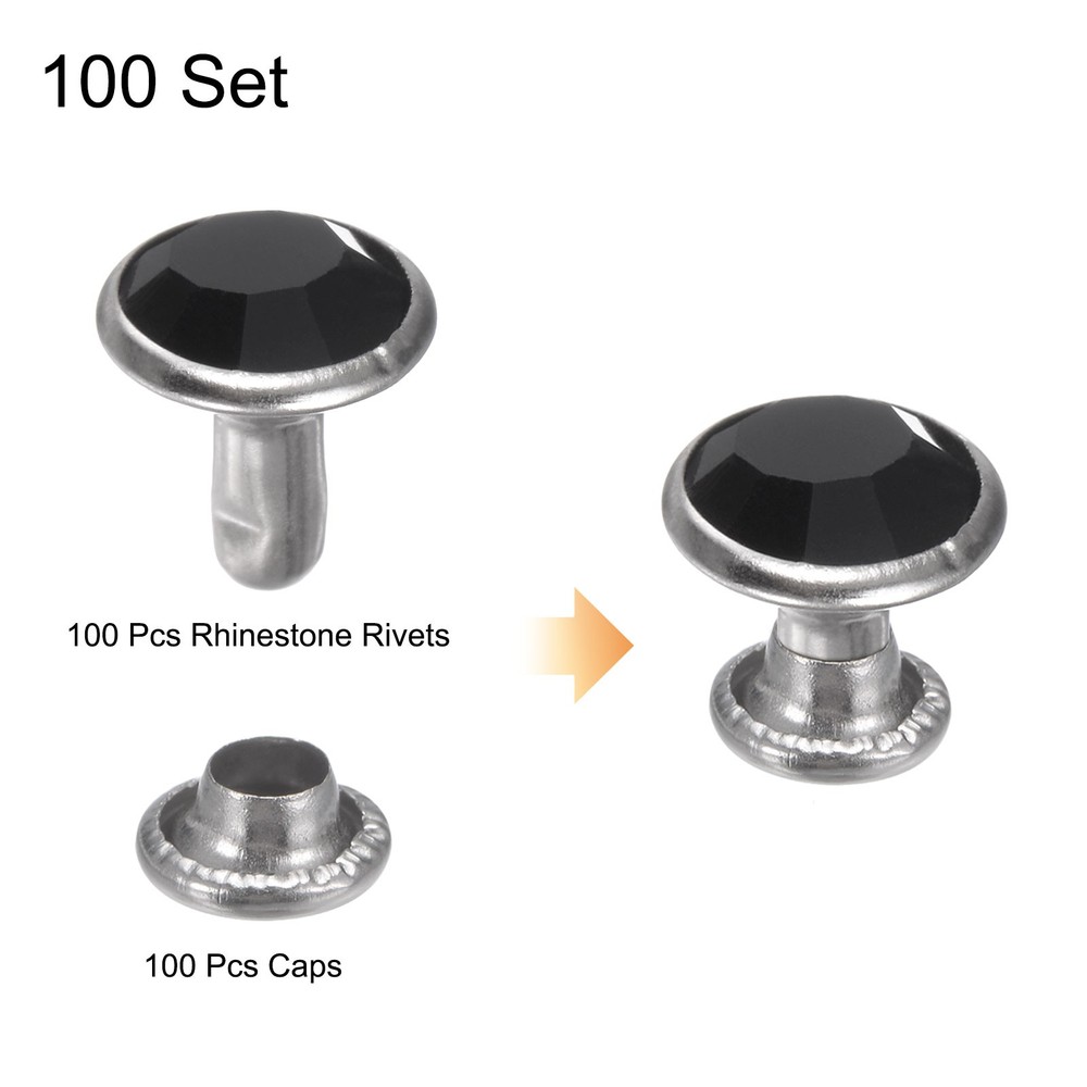 100pcs Crystal Rivets 8mm Rhinestone Rivets Rapid Stud Rivets, Black