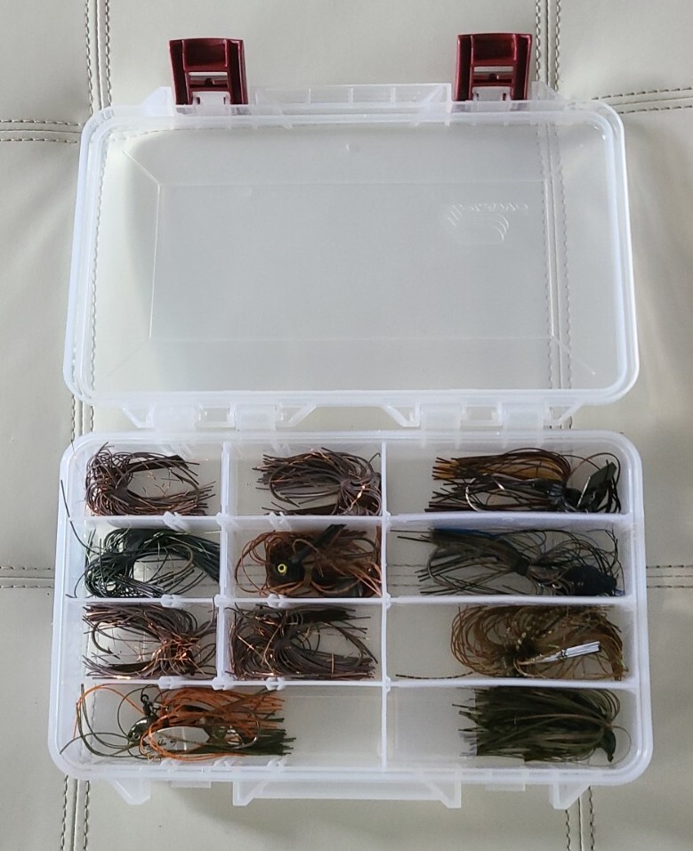 Lot of 11 Spinner and 'Riot" baits with clear Plano Fishing Tackle Box 11”x7”