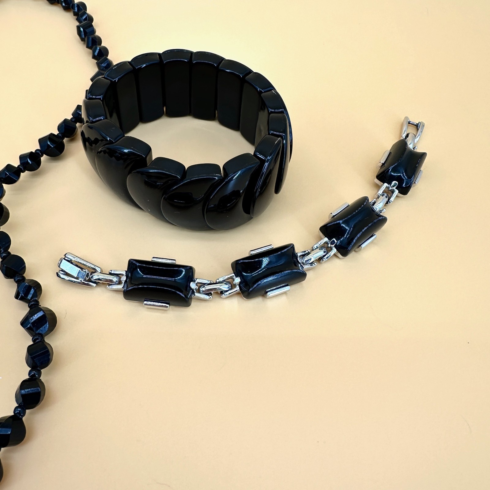 Vintage Black Acrylic Mix Jewelry Lot Earrings Necklaces Bracelets Faceted Bead