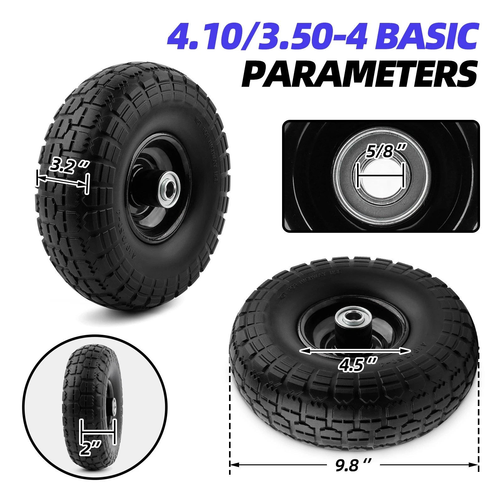 2PCS Upgrade 4.10/3.50-4 Flat Free Solid Rubber Tire and Wheel, 10" Solid Tires