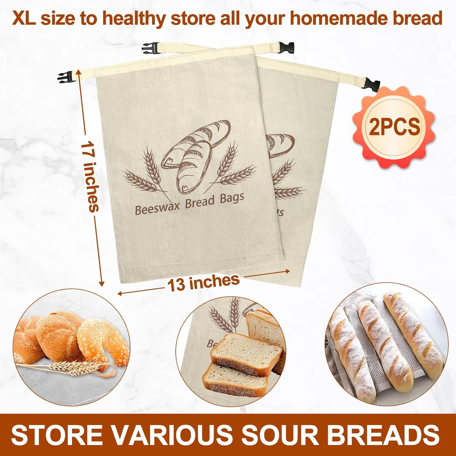 2 Pack Sourdough Beeswax Bread Bags for Homemade Bread Storage with Lining, Cott