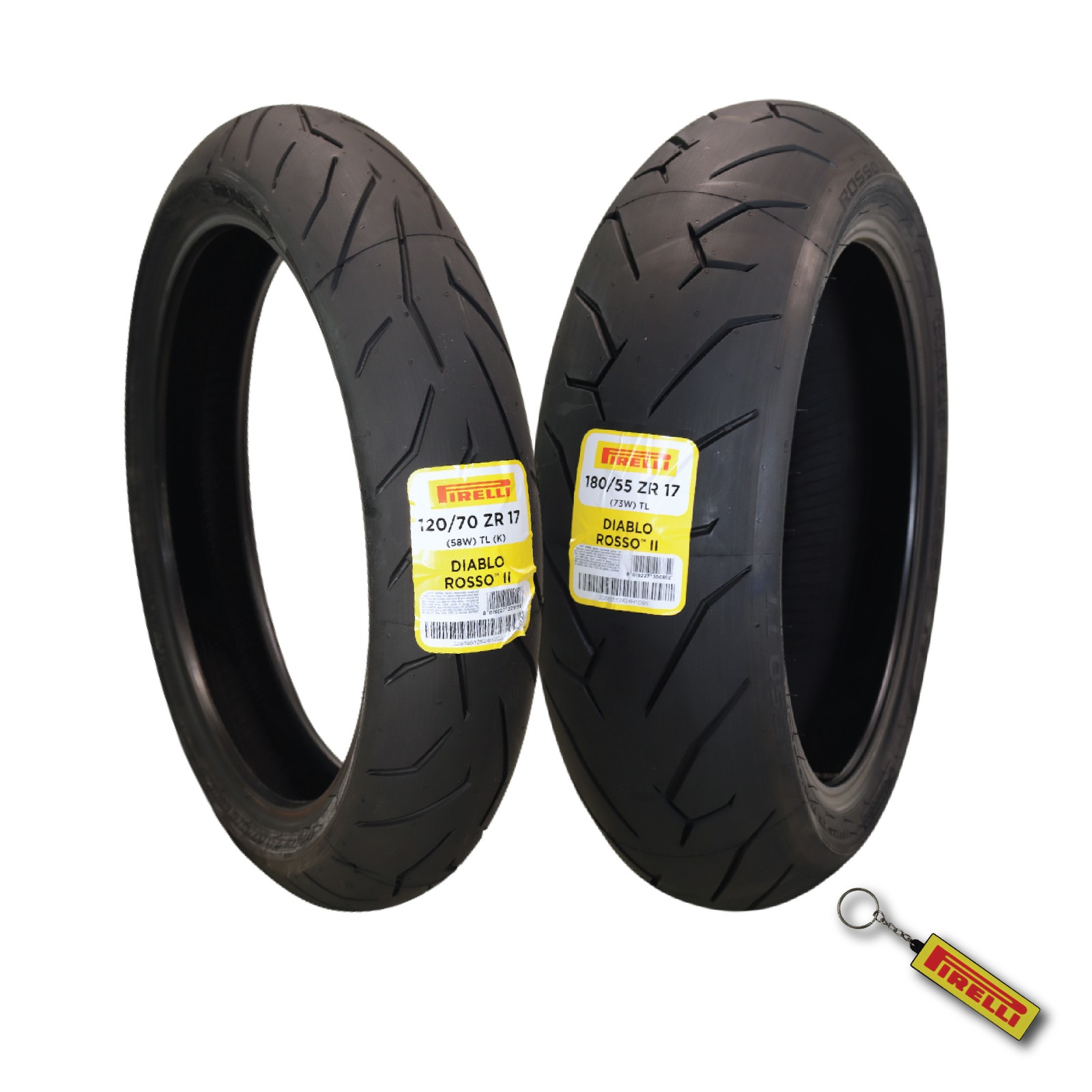 Pirelli Diablo Rosso II Tire Set w/ Keychain: 120/70ZR17 Front & 180/55ZR17 Rear