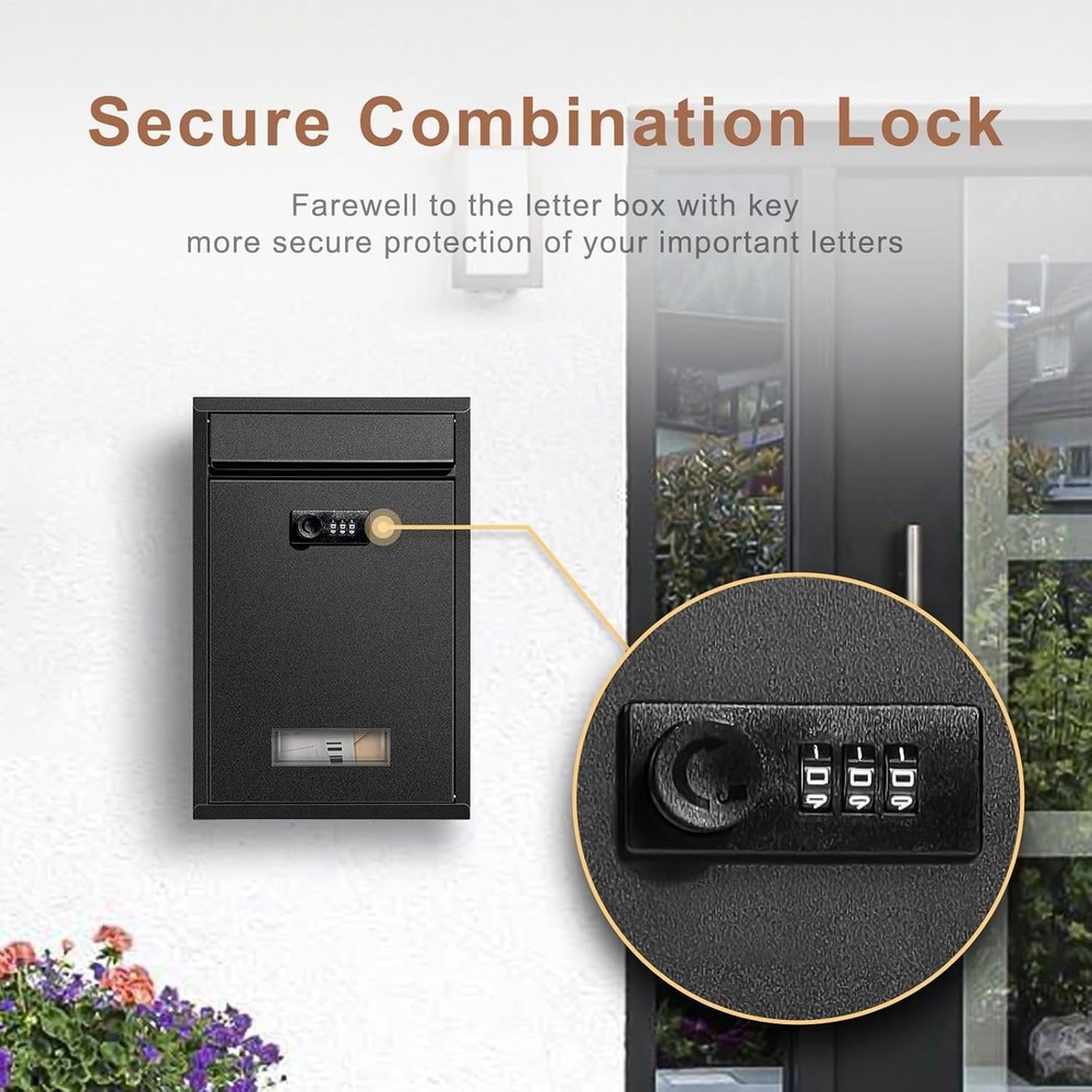 Wall Mount Mailbox with Combination Lock, Secure Outdoor Drop Box for Home