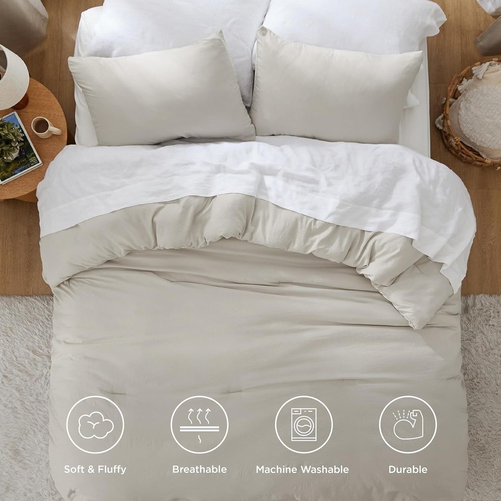 Queen Size Comforter Set, Beige Soft Pre-Washed Bedding Comforter Set, 3 Piece