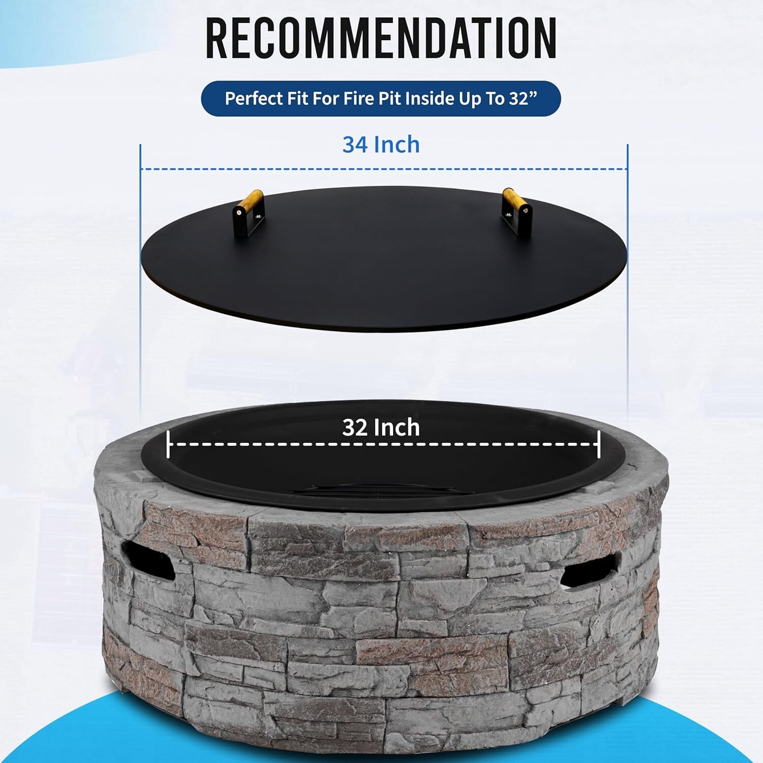 Fire Pit Lid 34 Inch – Round Metal Cover with Wooden Handles