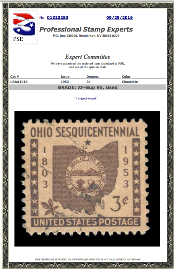 #1018 Used, PSE Graded 95, Cert # 01323253