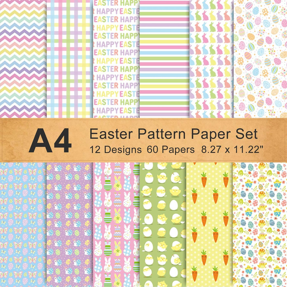 60 Sheet Double-Sided Easter Pattern Paper Set A4 Size 12 Designs Easter Spring