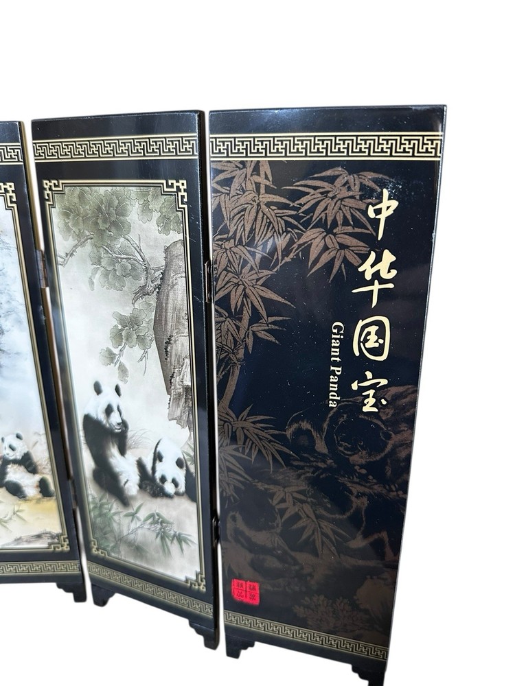 Chinese Panda Mini Folding Screen Black Lacquer Tabletop Art Boxed