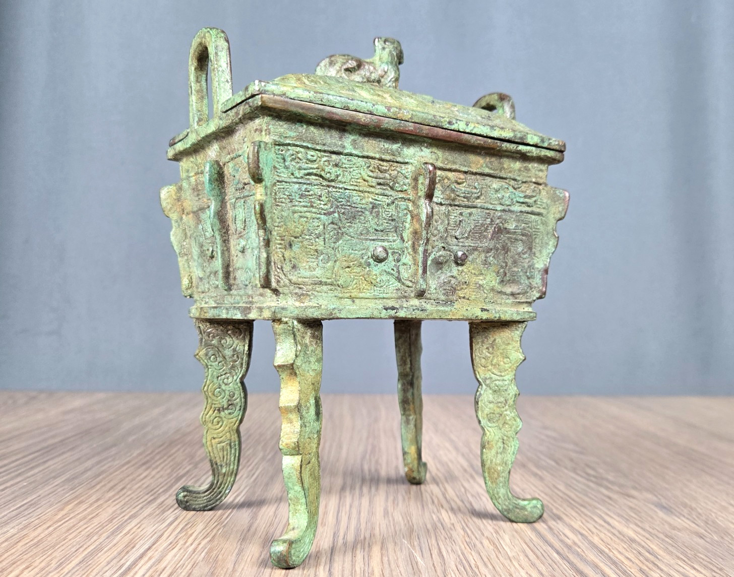 Chinese cast bronze Fang Ding Censer, dog lid, incense burner, signed