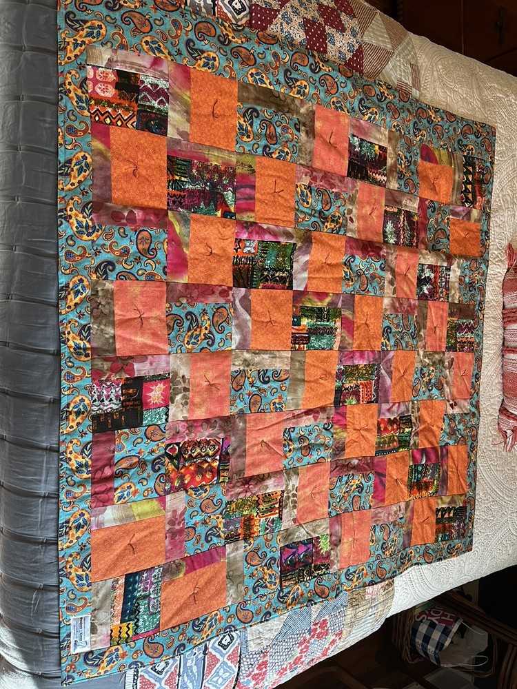 Handmade Patchwork Quilt Vibrant Orange Lap Quilt 44”