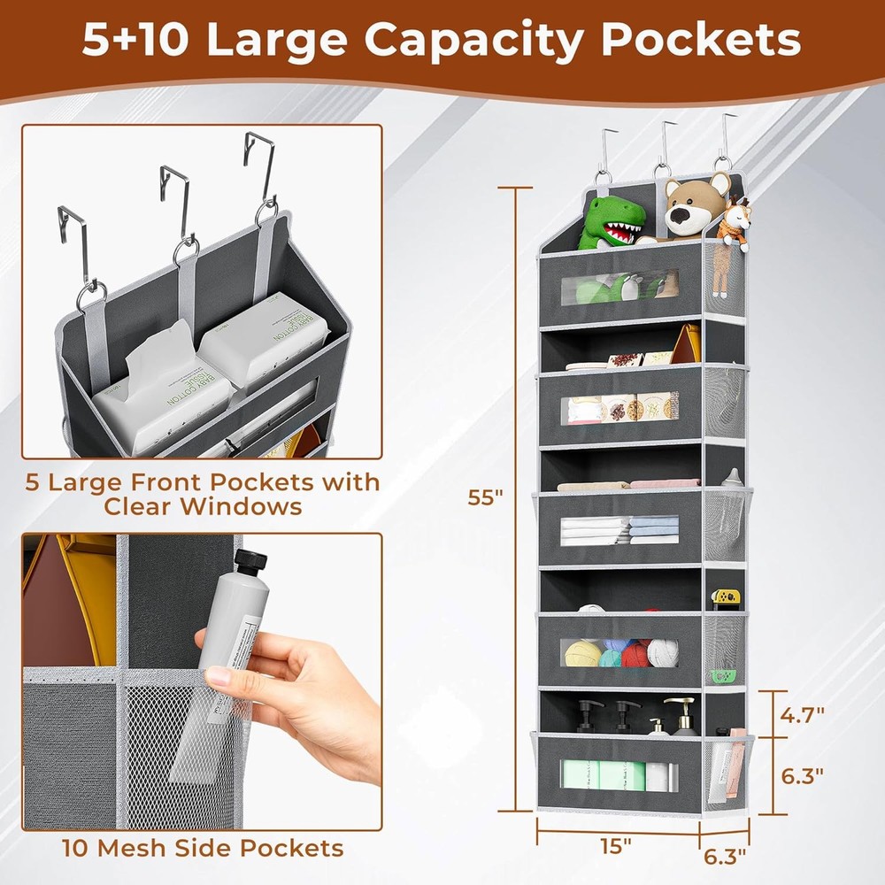 2 Pack Over Door Organizer 5-Tier Grey Mesh