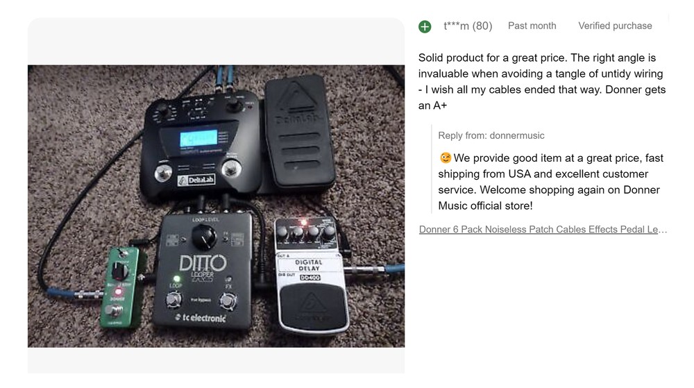 6 Pack 6 Inch Guitar Patch Cable Donner 1/4" Right Angle Effect Pedal Wire