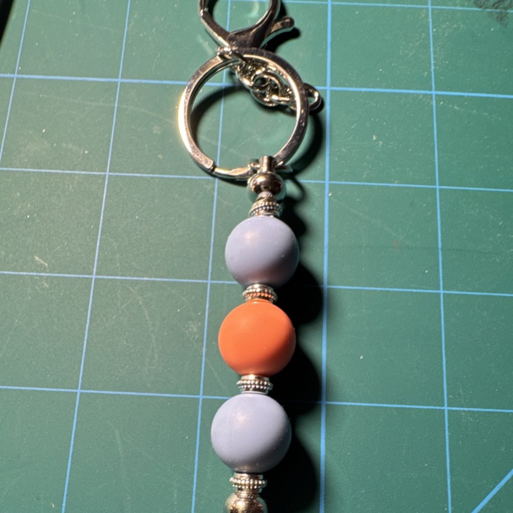 Handmade Beaded Keychain Blue Orange Beads Silver Hardware