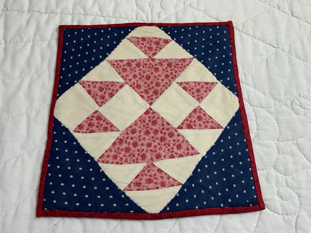 Antique Vintage Patchwork Quilt Table Topper, Four Patch W/ Triangles, Pink Navy