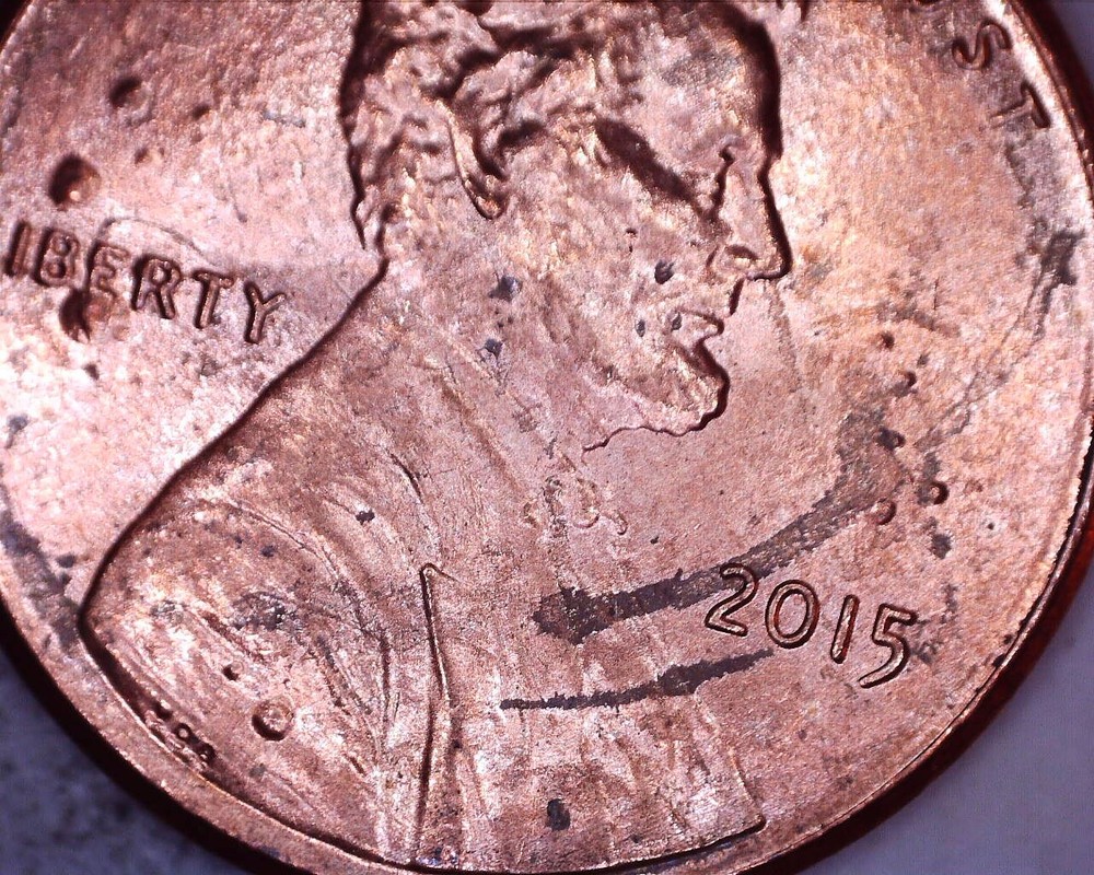 2015 P Lincoln shield cent with GAS BUBBLES on Obverse and Reverse