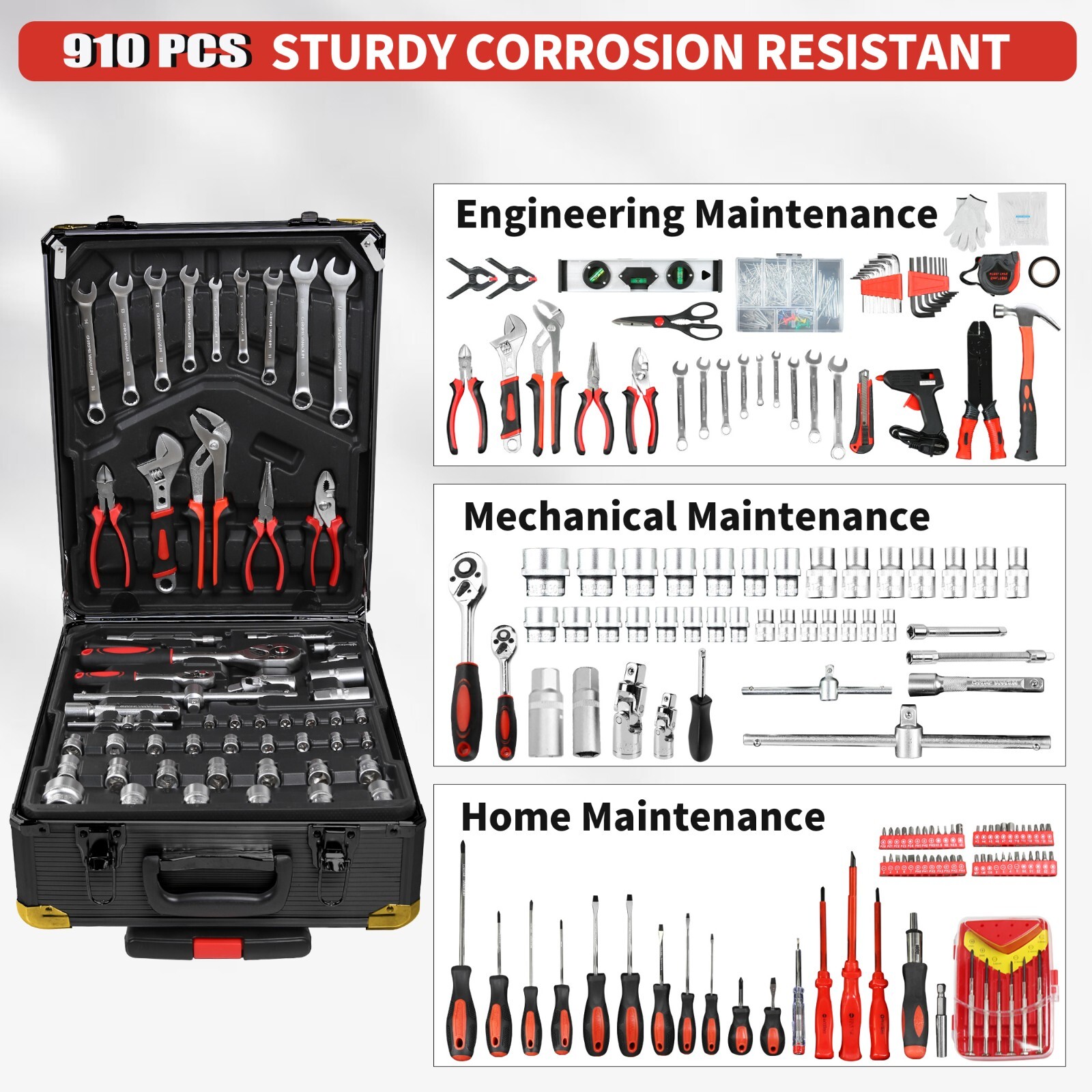 Tool Set Mechanics Tool Kit 910 PCS Wrenches Socket with Trolley Case Box Silver