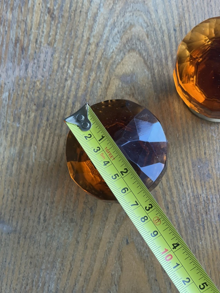 2 x Brass And Amber Glass Door Knobs, Handles Pair