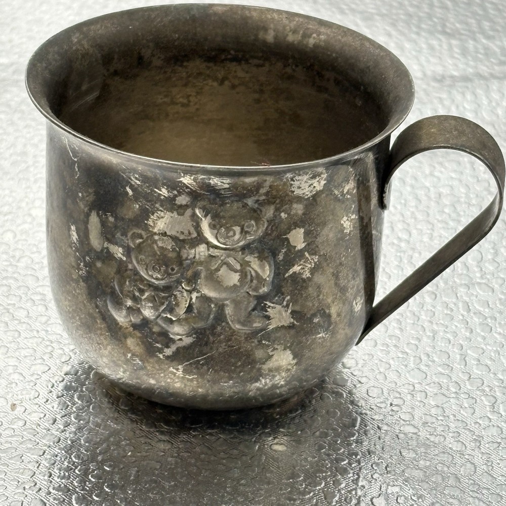VTG Silverplate Baby Cups Godinger Teddy Bear Leonard Hong Kong Nursery Patina