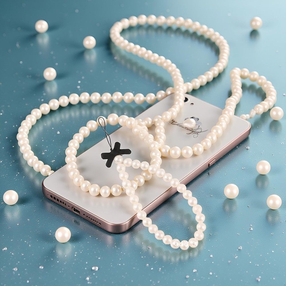 White Mobile Phone Case Decorations Chain Black Bow Pearl Beaded