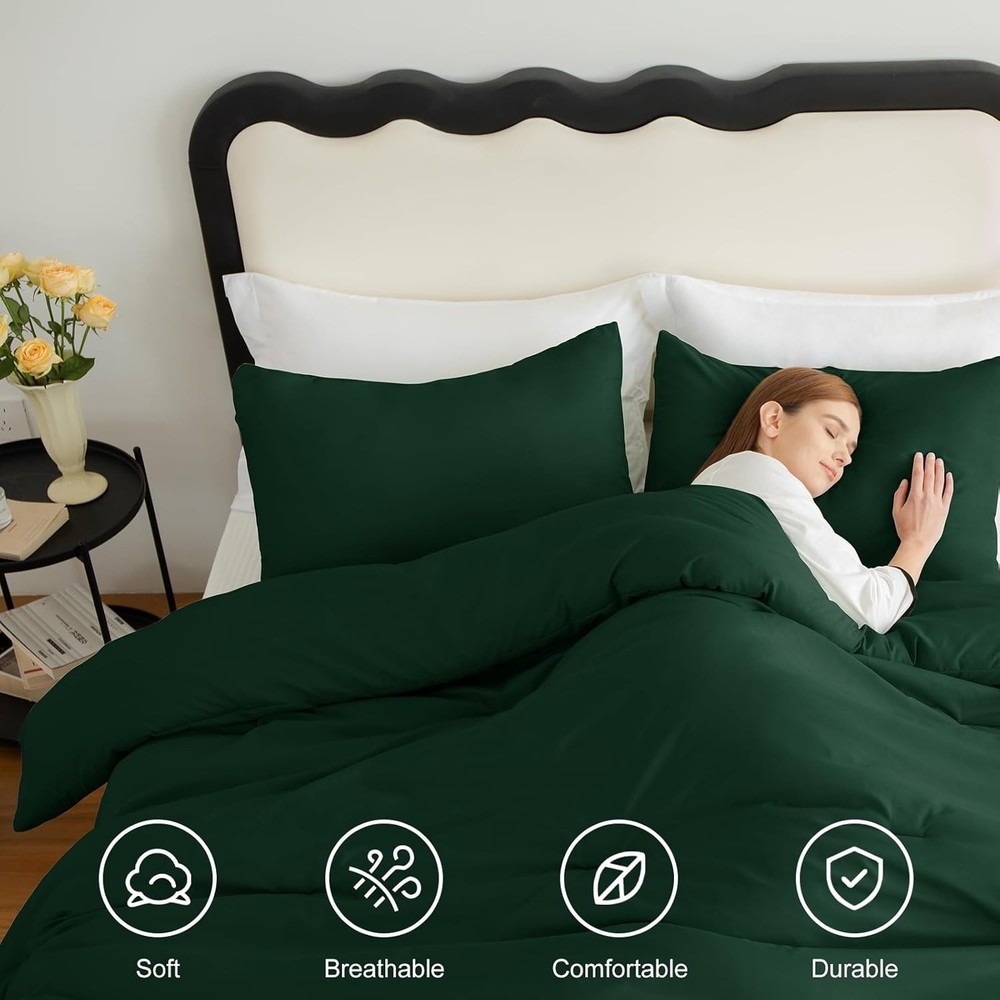 Dark Emerald Green Queen Comforter Set, 3 Pieces Solid Breathable Quilted Bed...
