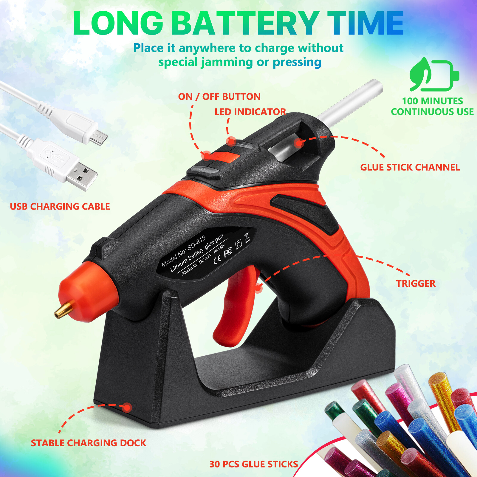 Rechargeable Cordless Fast Preheating Hot Glue Gun Kit with 30PCS Glue Sticks