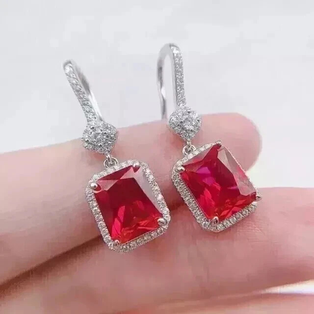 4Ct Emerald Cut Lab Created Red Ruby Drop Dangle Earrings 14K White Gold Plated